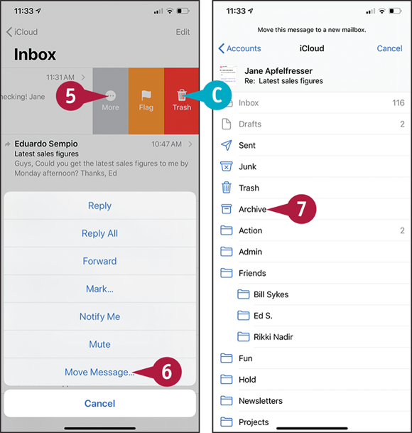 Screen captures depicting Opening Mail and Move a Single Message to a Folder with 5 to 7 marked.