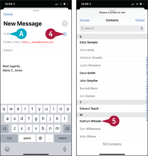 Screen captures depicting Writing and Send E-Mail Messages with 4 to 5 marked.