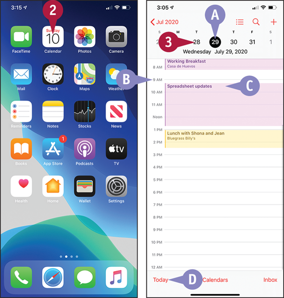Screen captures depicting Browsing Existing Events in Your Calendars with 2 to 3 marked.