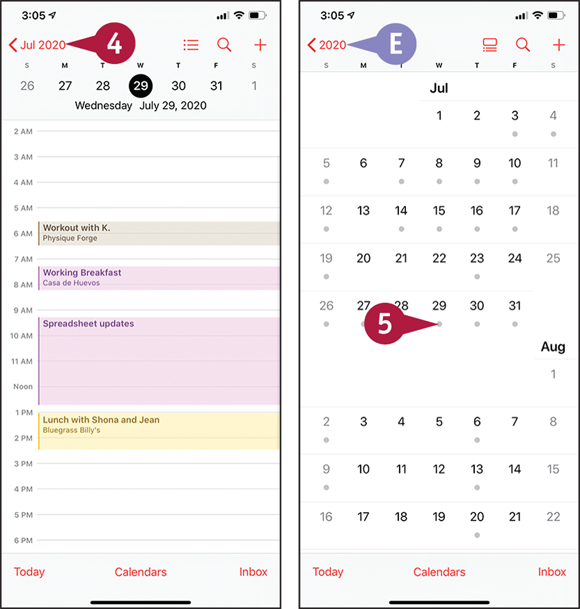 Screen captures depicting Browsing Existing Events in Your Calendars with 4 to 5 marked.