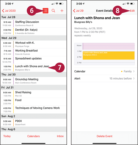 Screen captures depicting Browsing Existing Events in Your Calendars with 6 to 8 marked.