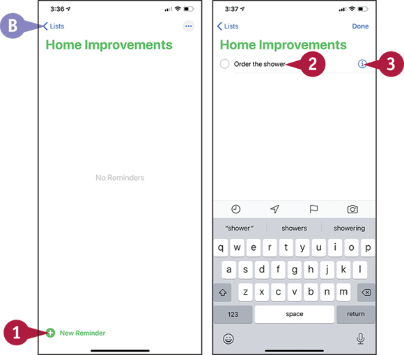 Screen captures depicting Creating a New Reminder with 1 to 3 marked.