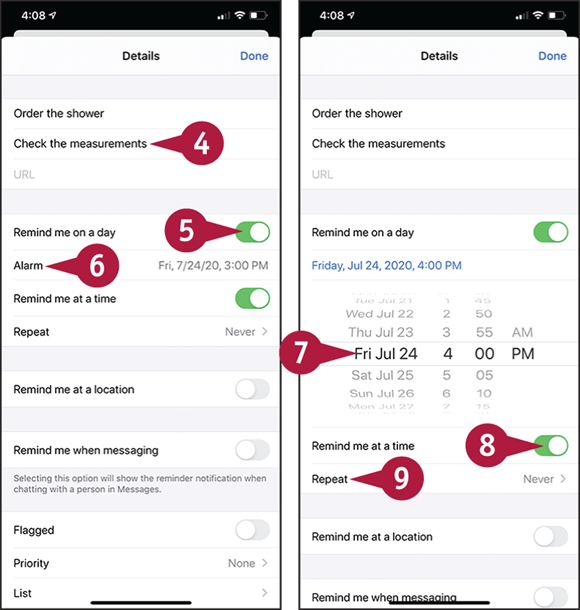 Screen captures depicting Creating a New Reminder with 4 to 9 marked.