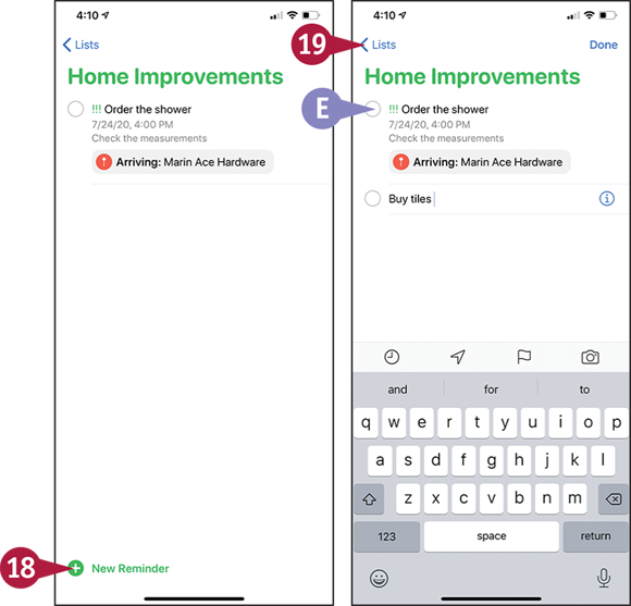 Screen captures depicting Tracking Your Commitments with Reminders with 18 to 19 marked.
