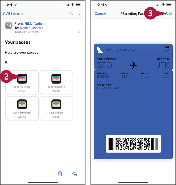 Screen captures depicting Adding a Document to Wallet with 2 to 3 marked.