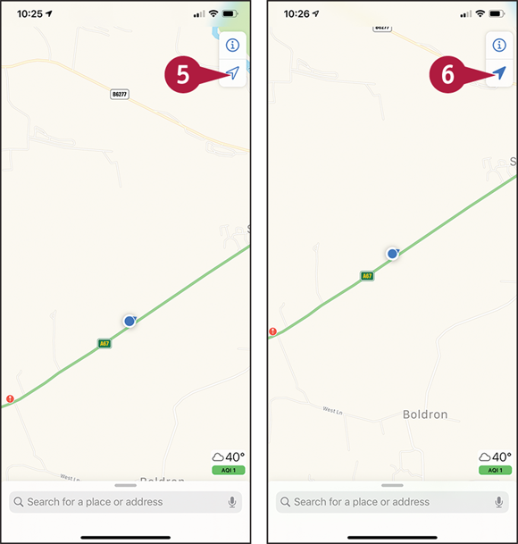 Screen captures depicting Finding Your Location with Maps with 5 to 6 marked.