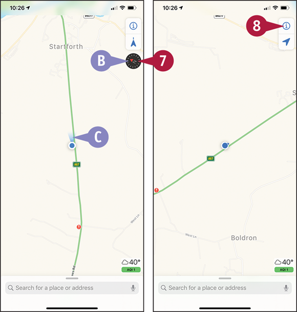 Screen captures depicting Finding Your Location with Maps with 7 to 8 marked.
