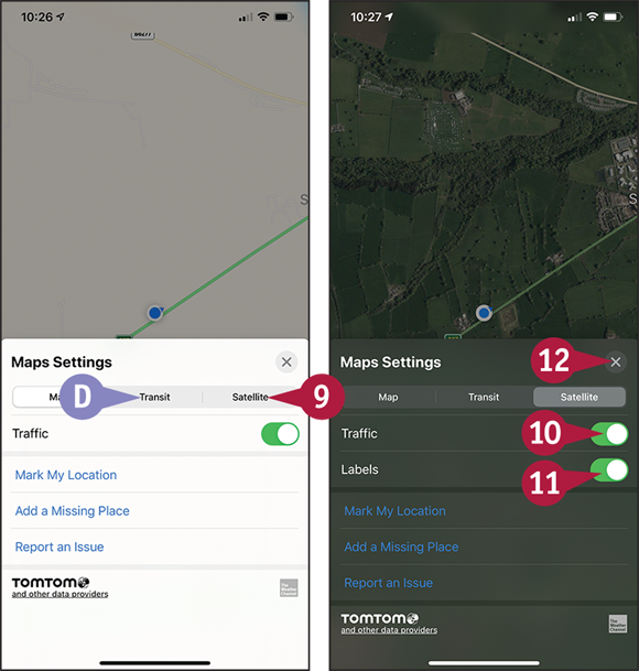 Screen captures depicting Finding Your Location with Maps with 9 to 12 marked.