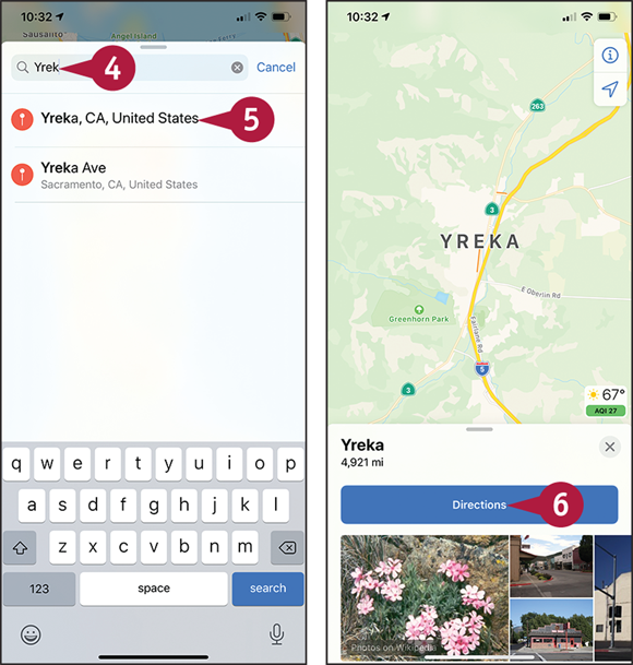 Screen captures depicting Finding Directions with Maps with 4 to 6 marked.