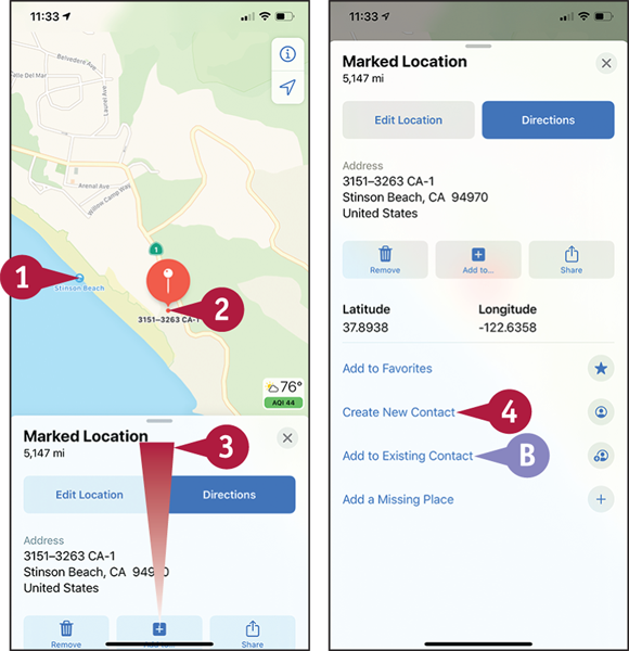 Screen captures depicting Creating a Contact in Maps with 1 to 4 marked.