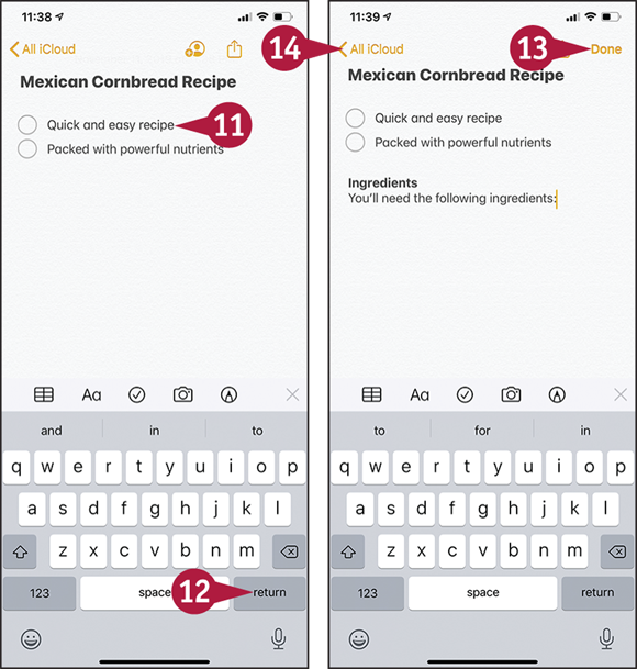 Screen captures depicting Taking Notes with 11 to 14 marked.