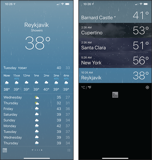 Screen captures depicting Using the Weather App.