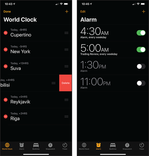 Screen captures depicting Using the Clock App.