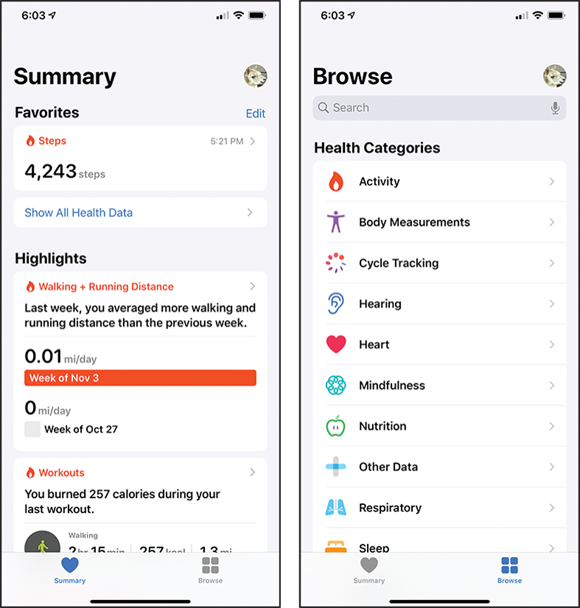 Screen captures depicting Navigating the Health App’s Screens.