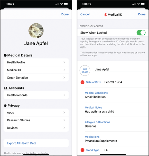 Screen captures depicting Setting Up Your Health Profile and Medical ID.
