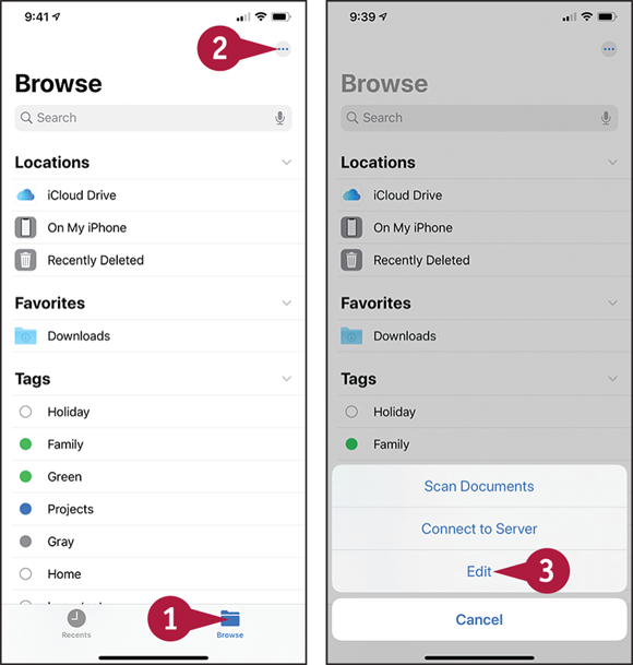 Screen captures depicting Organizing Your Locations and Tags with 1 to 3 marked.