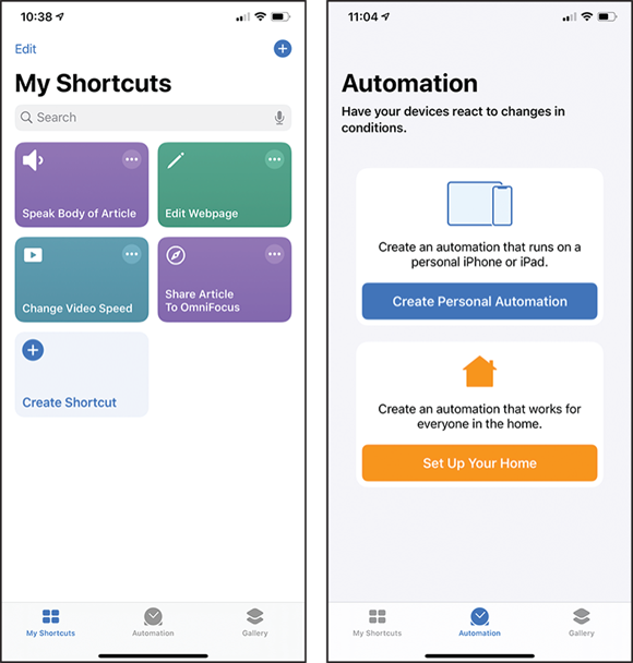 Screen captures depicting Opening the Shortcuts App and Navigate the Interface.
