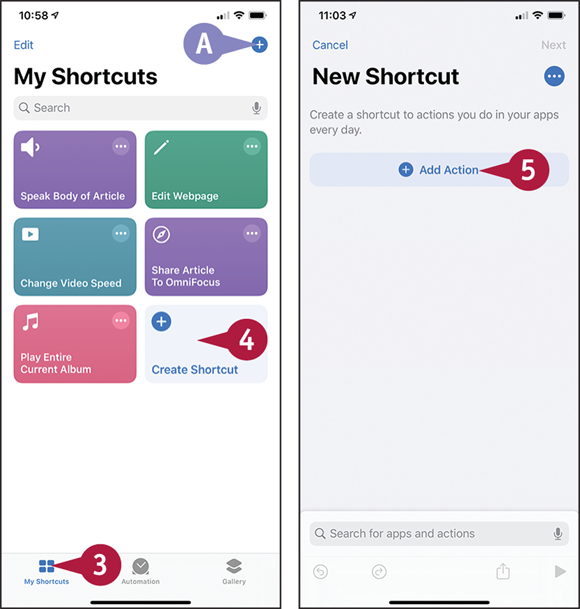Screen captures depicting Creating a Custom Shortcut with 3 to 5 marked.
