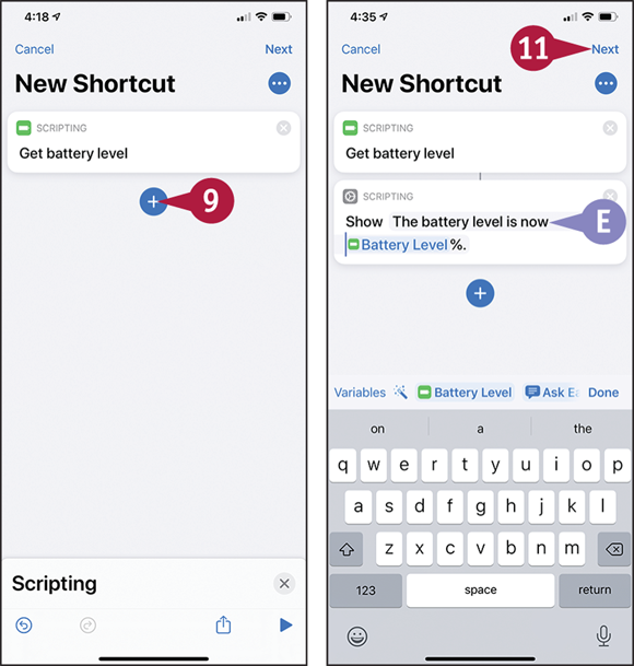 Screen captures depicting Creating a Custom Shortcut with 9 to 11 marked.