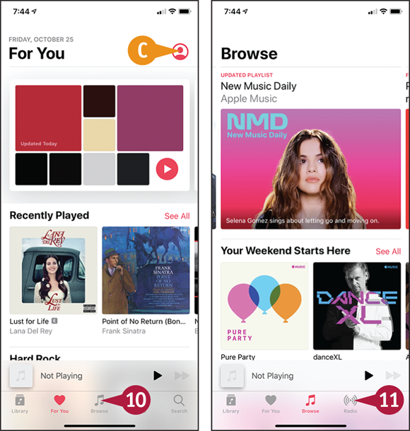 Screen captures depicting Navigating the Music App and Setting Preferences with C, 10 to 11 marked. 