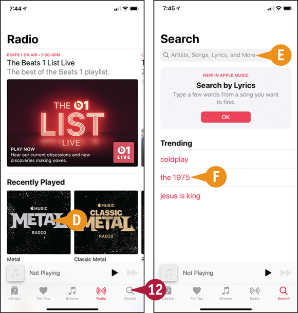 Screen captures depicting Navigating the Music App and Setting Preferences with 12, D to F marked. 