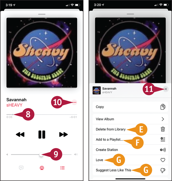 Screen captures depicting Playing Music Using the Music App with 8 to 11, E to G marked.