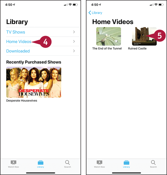 Screen captures depicting Playing Videos Using the TV App with 4 to 5 marked.