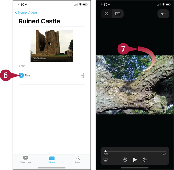 Screen captures depicting Playing Videos Using the TV App with 6 to 7 marked.