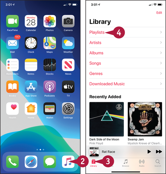 Screen captures depicting Creating a Music Playlist and Add Songs with 2 to 4 marked.