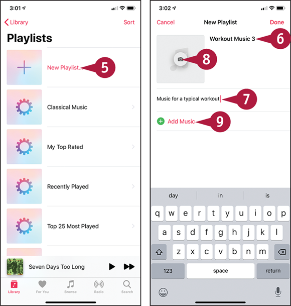 Screen captures depicting Creating a Music Playlist and Add Songs with 5 to 9 marked.