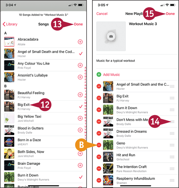 Screen captures depicting Creating a Music Playlist and Add Songs with 12 to 15 marked.