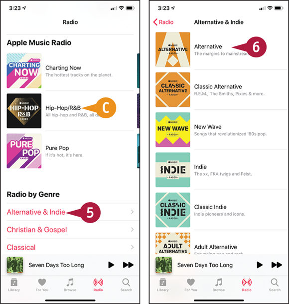 Screen captures depicting Listening to Apple Music Radio with C, 5 to 6 marked.