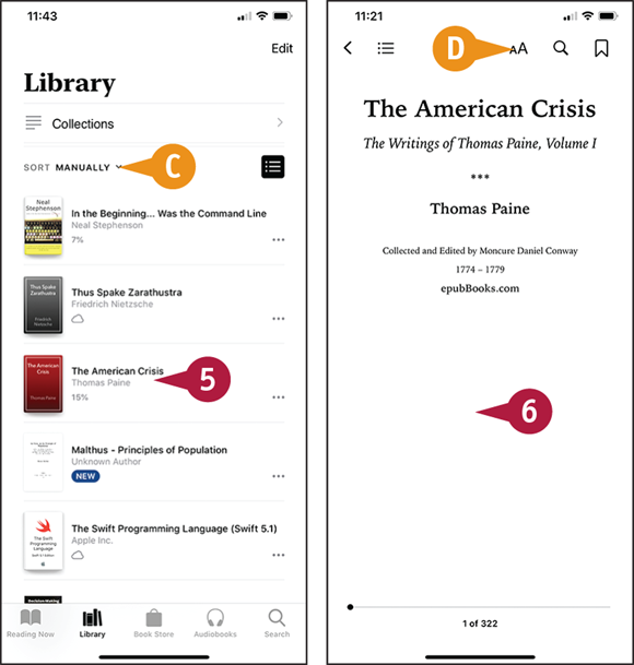 Screen captures depicting Reading Digital Books with the Books App with 5 to 6, C to D marked.