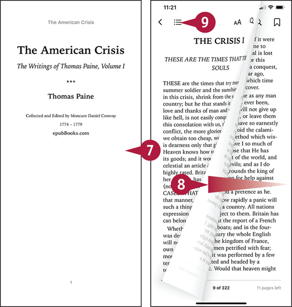 Screen captures depicting Reading Digital Books with the Books App with 7 to 9 marked.