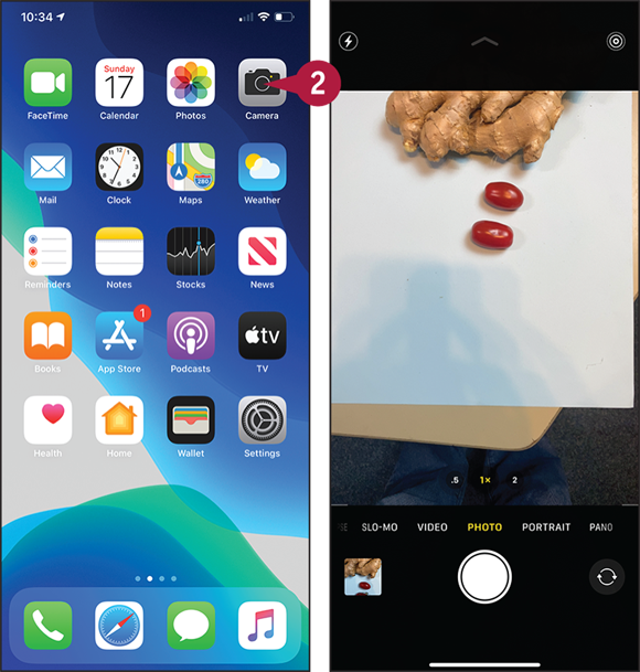 Screen captures depicting Opening the Camera App with 2 marked.