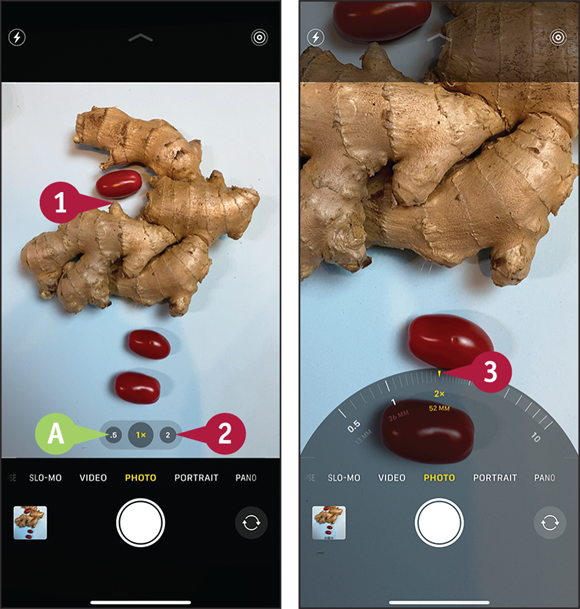 Screen captures depicting Composing the Photo and Zooming if Necessary with 1 to 3 marked.