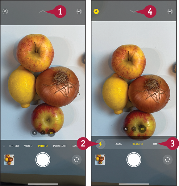 Screen captures depicting Choosing Flash Settings with 1 to 4 marked.