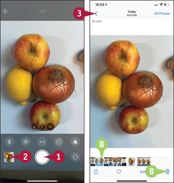 Screen captures depicting Taking the Photo and Viewing It with 1 to 3 marked.