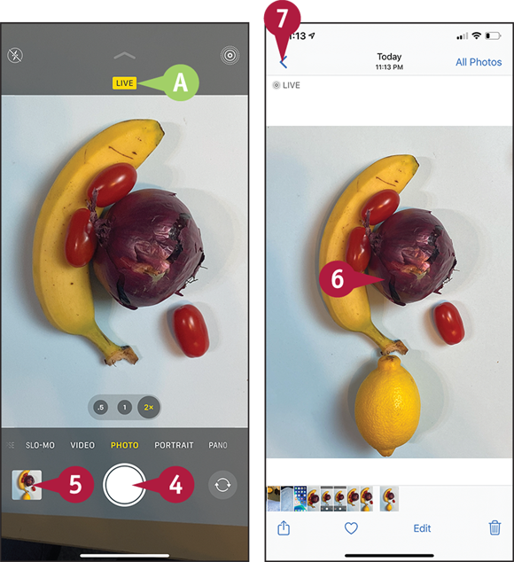 Screen captures depicting Opening the Camera App, Taking a Live Photo, and Viewing It with 4 to 7 marked.