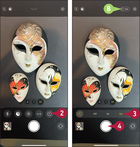 Screen captures depicting Taking a Timed Photo with 2 to 4 marked.