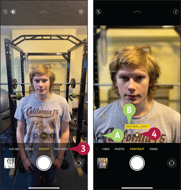 Screen captures depicting Using Portrait Mode with 3 to 4 marked.