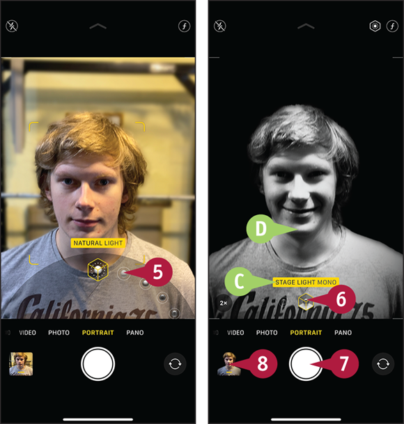 Screen captures depicting Using Portrait Mode with 5 to 8 marked.