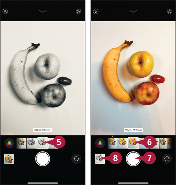 Screen captures depicting Applying Filters to Your Photos with 5 to 8 marked.