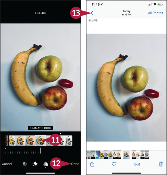 Screen captures depicting Applying Filters to Your Photos with 11 to 13 marked.