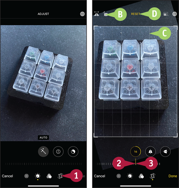 Screen captures depicting Cropping, Rotating, and Straightening a Photo with 1 to 3 marked.