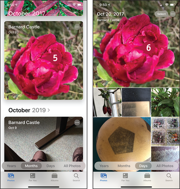 Screen captures depicting Browsing Photos Using Years, Collections, and Moments with 5 to 6 marked.