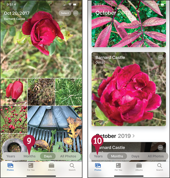 Screen captures depicting Browsing Photos Using Years, Collections, and Moments with 9 to 10 marked.
