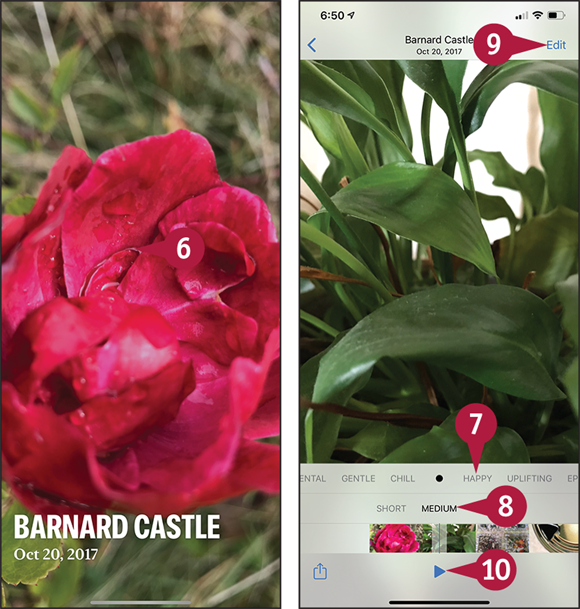 Screen captures depicting Browsing Photos Using Memories with 6 to 10 marked.