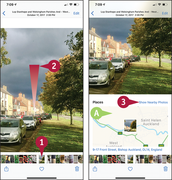 Screen captures depicting Browsing Photos Using the Map with 1 to 3 marked.