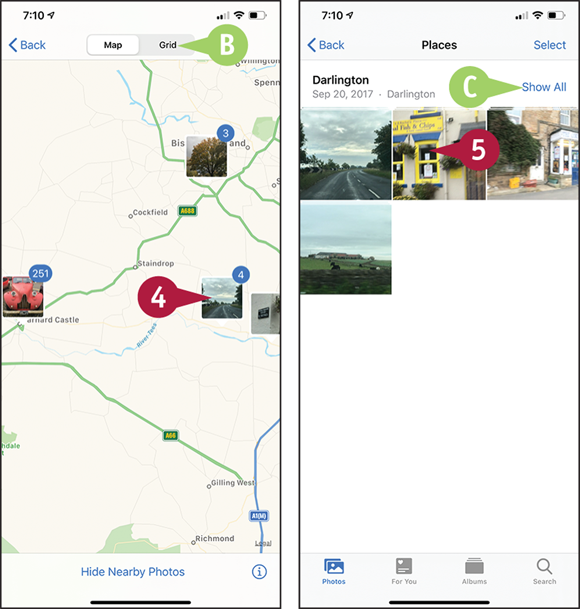 Screen captures depicting Browsing Photos Using the Map with 4 to 5 marked.